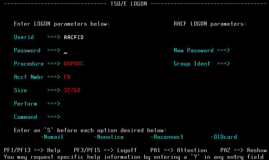 Tela de login no TSO